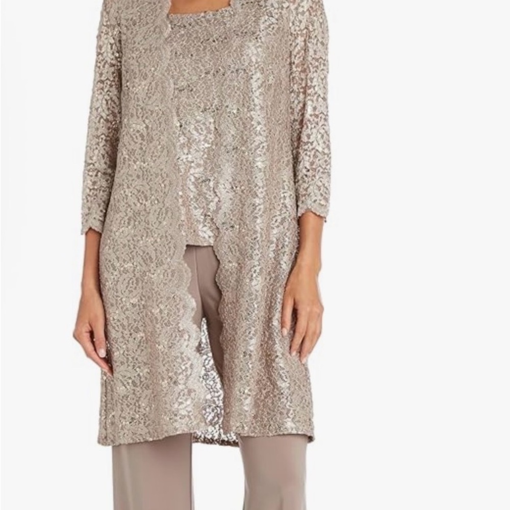 Sequined Lace Duster 3 Piece Formal Pants Suit in Mauve Taupe by R&M Richards - Picture 2 of 9